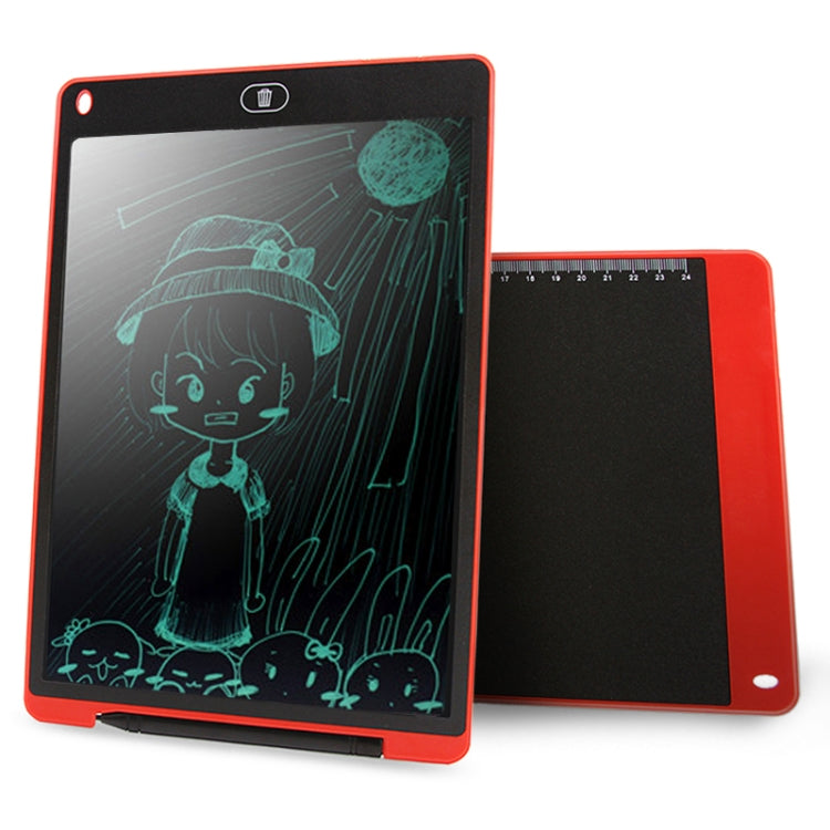 12-inch LCD writing tablet, red border with teal cartoon drawing on dark screen