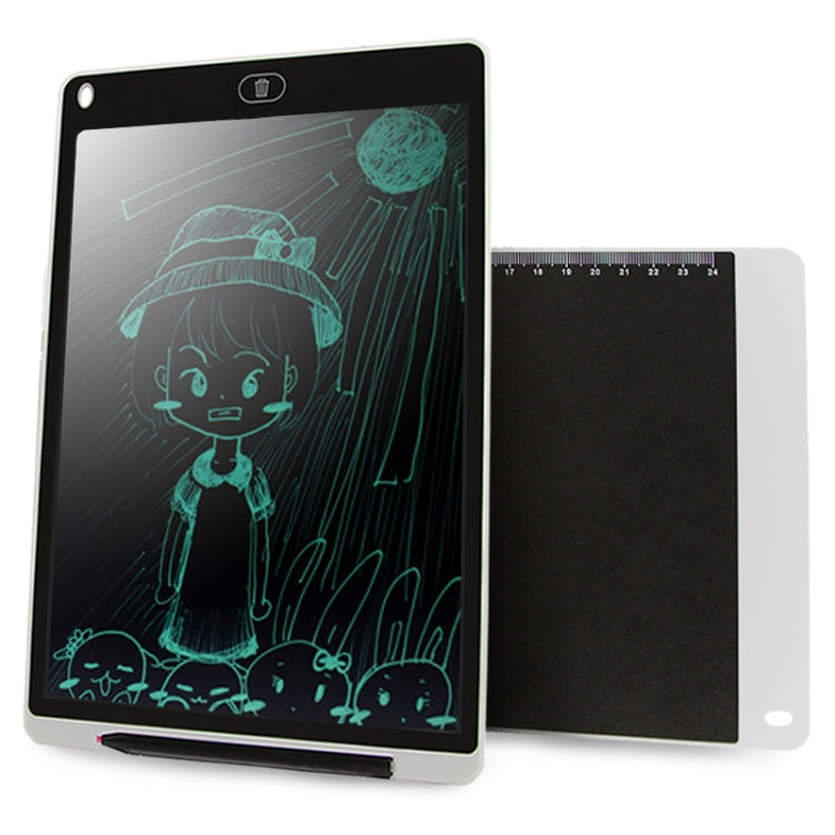 12-inch LCD writing tablet, white back with teal cartoon drawing on dark screen