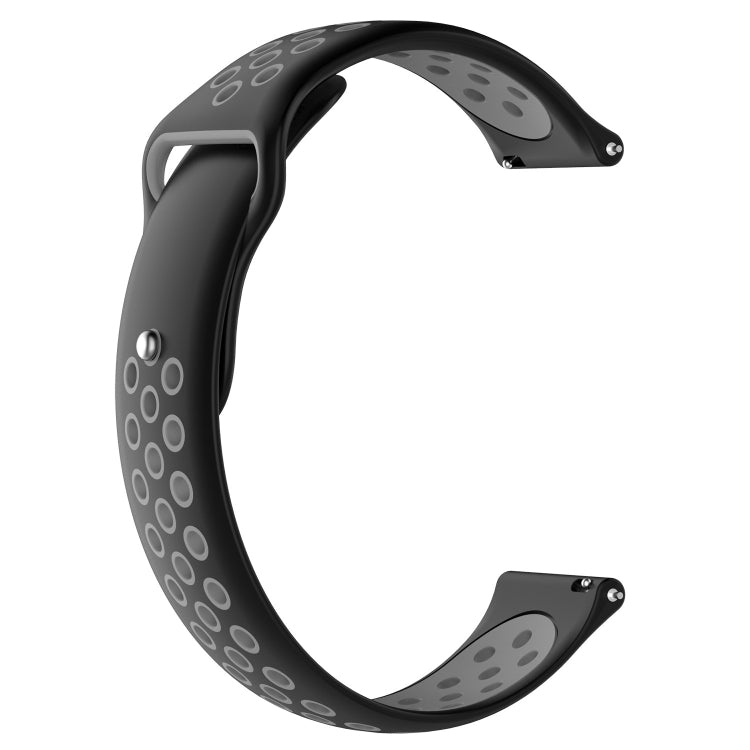 Two-tone silicone watch band in black and gray with oval perforation pattern