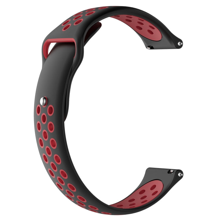Two-tone silicone watch band in black with red perforation dots and matching buckle end