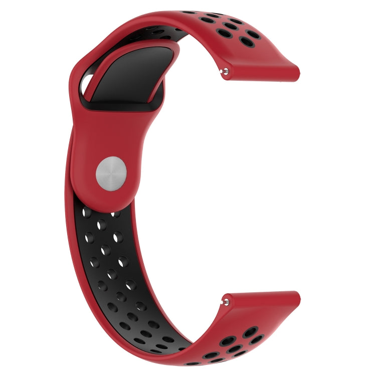 Two-tone silicone watch band in red and black with perforations and silver button detail