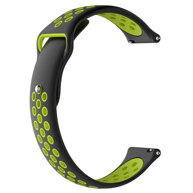 Two-tone silicone watch band in black and neon green with oval perforation pattern