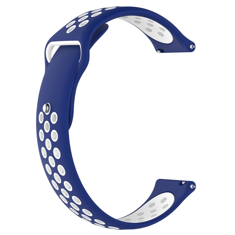Two-tone silicone watch band in blue and white with oval perforation pattern