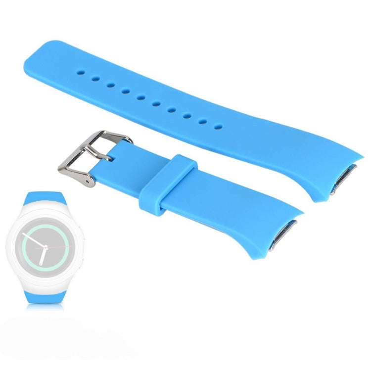 Light blue silicone watch band with perforated holes and metal buckle for Galaxy Gear S2