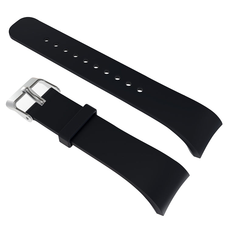 Black leather watch band with metal buckle and perforated adjustment holes