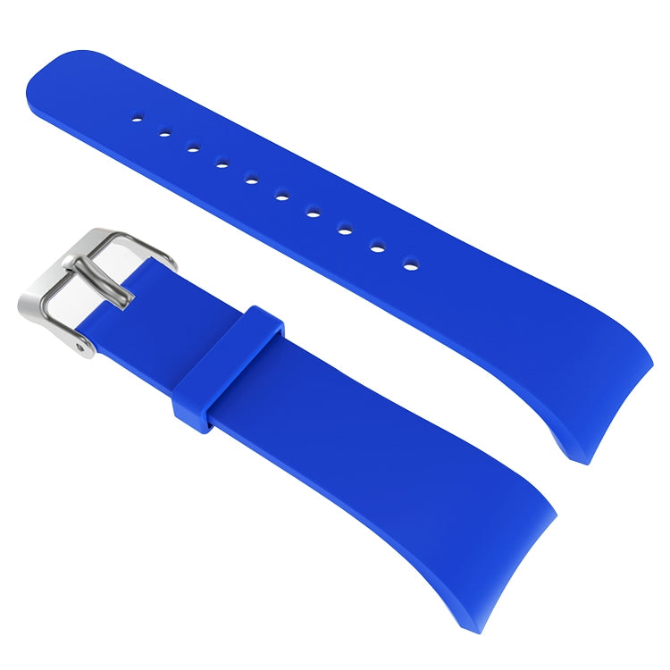 Dark blue leather watch band with metal buckle and punched holes for secure fit