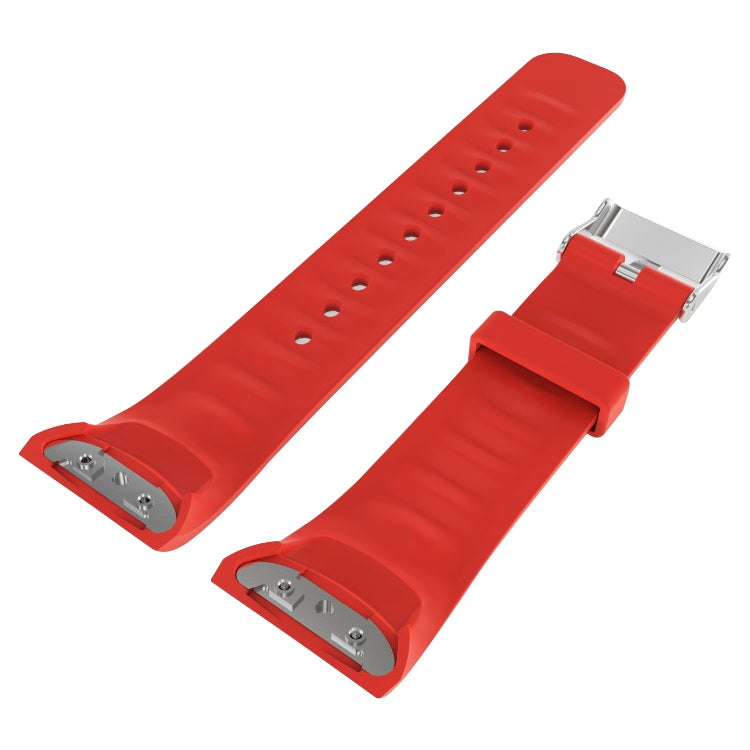 Red leather watch band with metal clasp and perforated adjustment holes