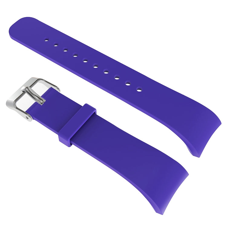 Purple leather watch band with metal buckle and perforated adjustment holes