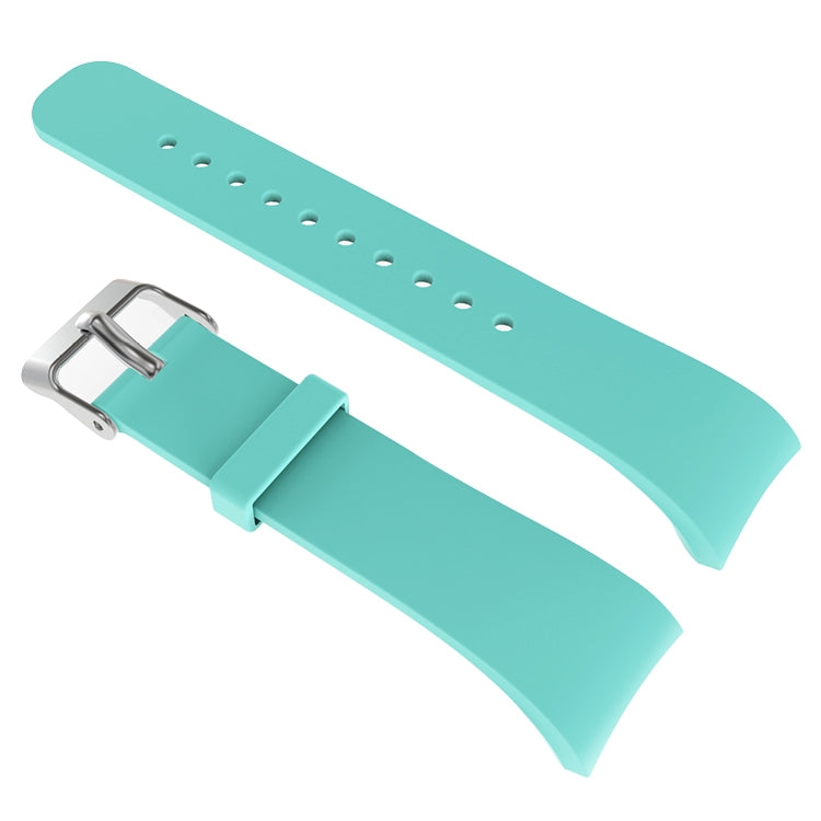 Light teal leather watch band with metal buckle and adjustment holes