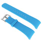 Blue leather watch band with metal buckle and punched holes for secure fit