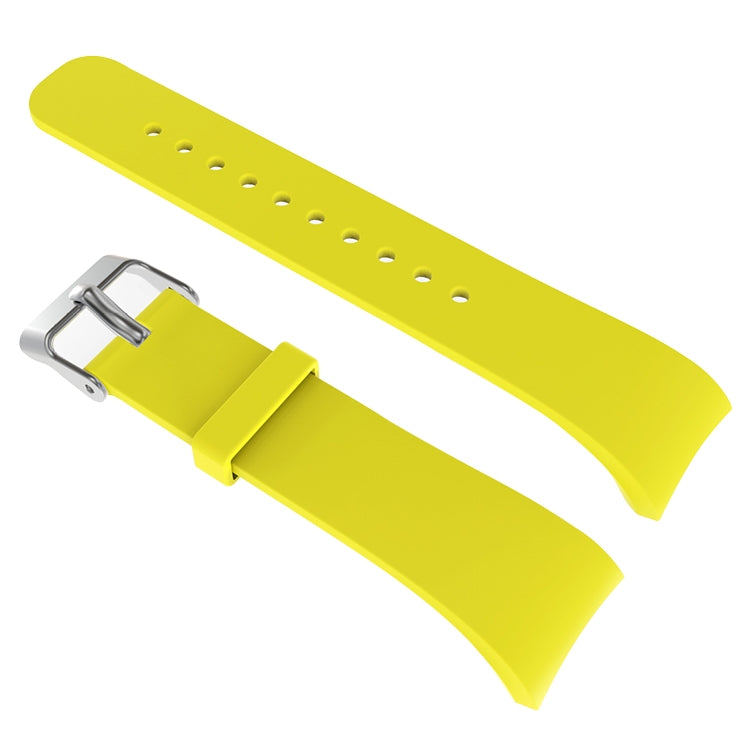 Yellow leather watch band with metal buckle and punched holes for secure fit
