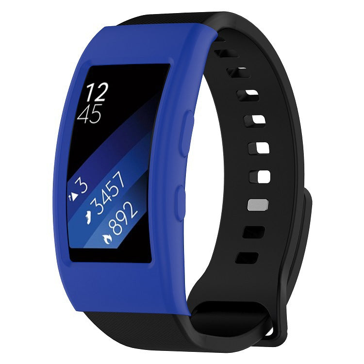 Dark blue protective watch case with black perforated strap and clear display window