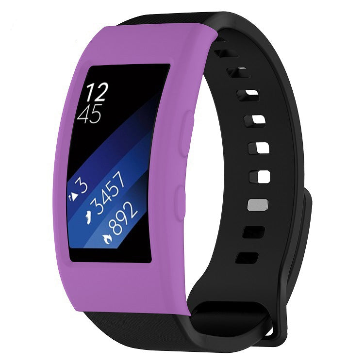 Purple protective watch case with black perforated strap and clear display window