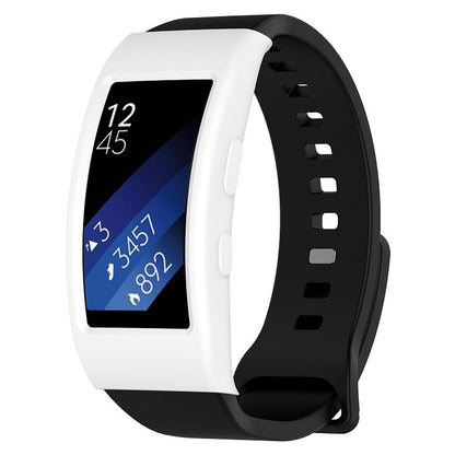 White protective watch case with clear screen window and black silicone strap