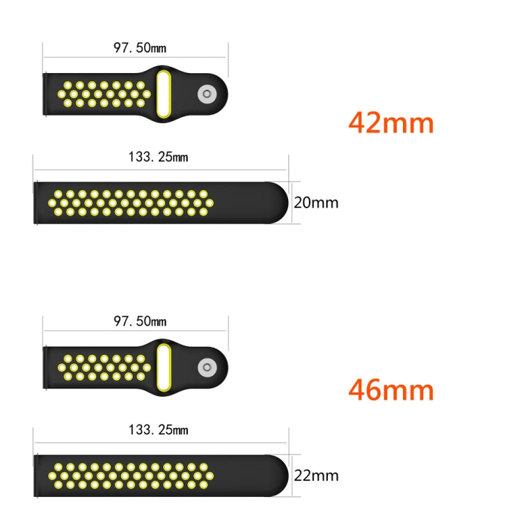 Dual-color watch band size chart with 42mm and 46mm strap measurements