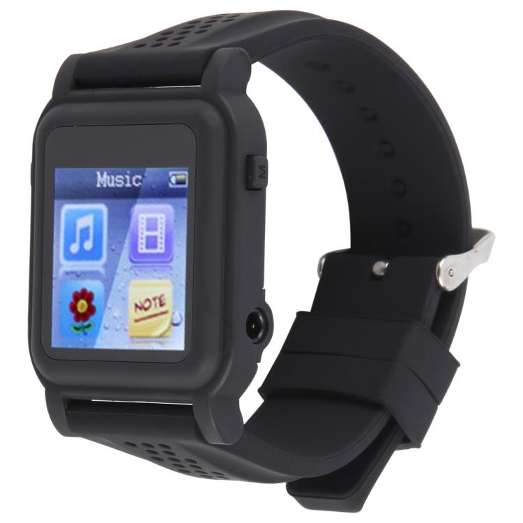 Black smartwatch with silicone strap, front screen showing Music and Note icons