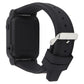 Black digital smartwatch with metal clasp and silicone band, side view