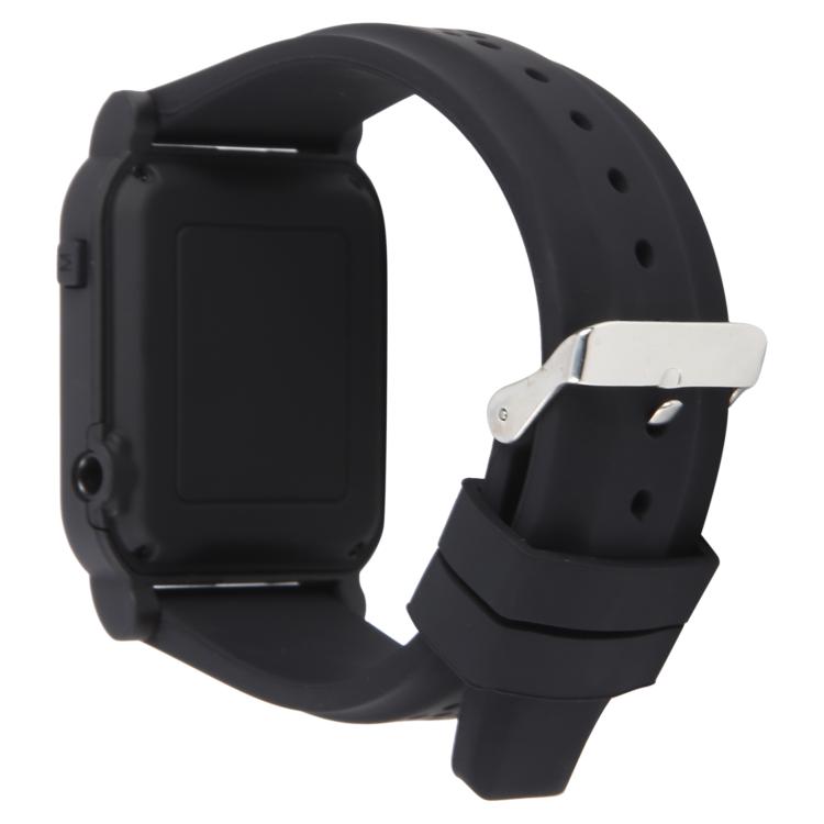 Black digital smartwatch with metal clasp and silicone band, side view