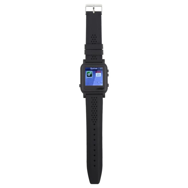Black smartwatch with perforated silicone strap and square face, displaying icons