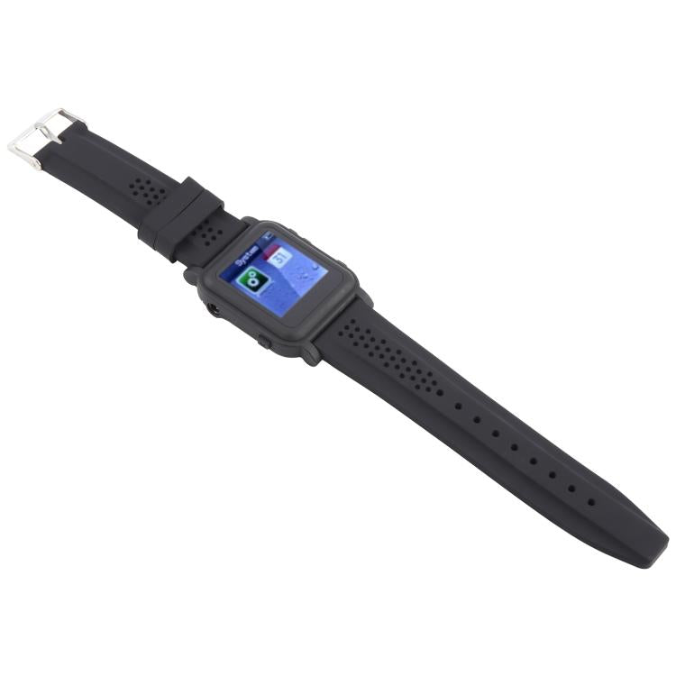 Black smartwatch with extended silicone strap and metal clasp, screen showing icons