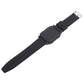 Black smartwatch with square display and metal buckle clasp, top view