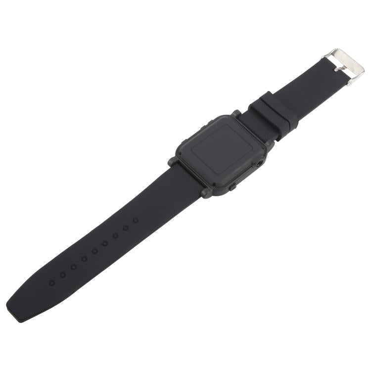 Black smartwatch with square display and metal buckle clasp, top view