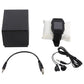 Black smartwatch kit with charging cable, earbuds, and storage box