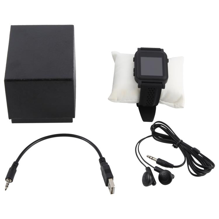 Black smartwatch kit with charging cable, earbuds, and storage box