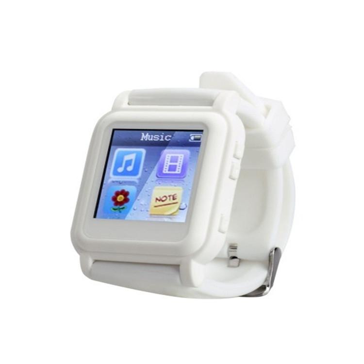 White smartwatch with silicone strap, screen showing Music and Note icons