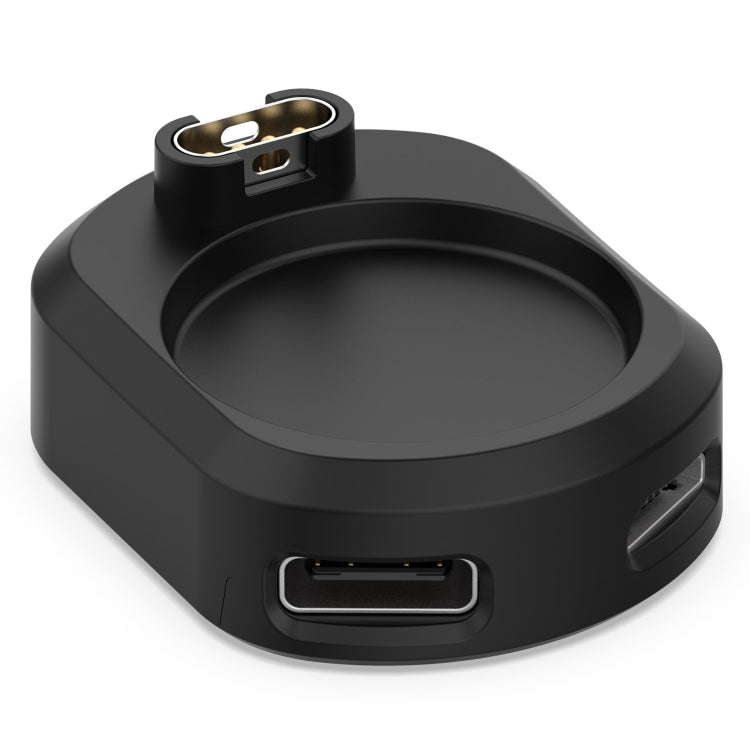 Black charging dock base with cradle opening and side charging port