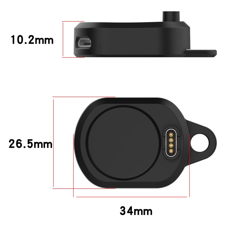 Black charging base adapter with size dimensions shown (34 x 26.5 x 10.2 mm)