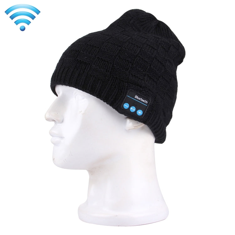 Black textured knit Bluetooth beanie with hands-free mic and blue control buttons