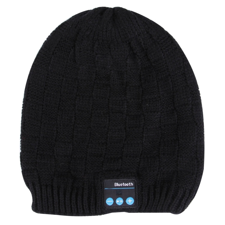 Black textured knit beanie with Bluetooth control panel at the front hem