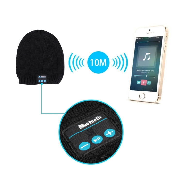 Black knit Bluetooth beanie showing 10M range icon and blue control buttons