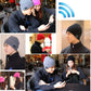 People wearing black Bluetooth beanie headset hats with blue control interface, hands-free use