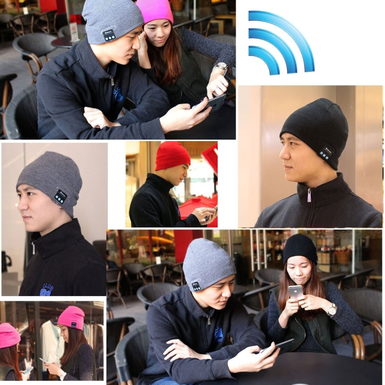 People wearing black Bluetooth beanie headset hats with blue control interface, hands-free use