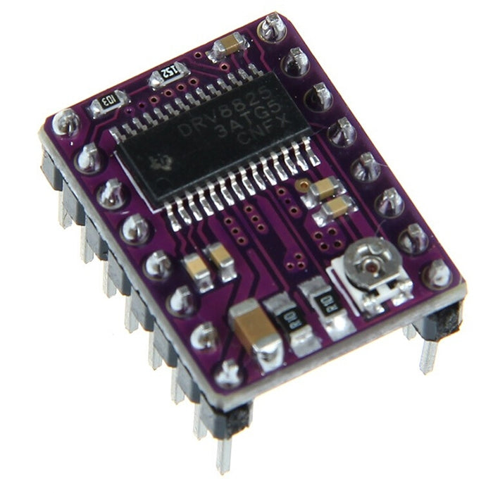 Purple PCB stepper driver module with IC chip, corner screws, and side pin headers