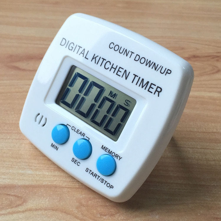 White digital kitchen timer with blue buttons and LCD count down display