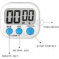 White digital LCD timer diagram with labeled MIN, SEC, START/STOP, and CLEAR keys