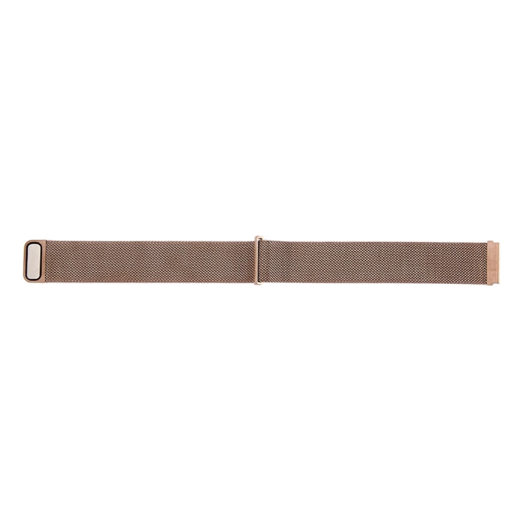 Rose gold milanese loop watch band with rectangular clasp frame and link mesh