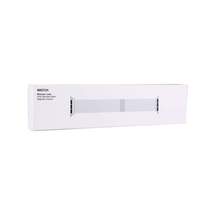 White watch band packaging box with milanese loop insert and metal clips