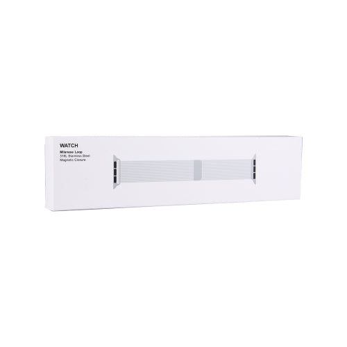 Watch band packaging box showing milanese loop design insert and clips