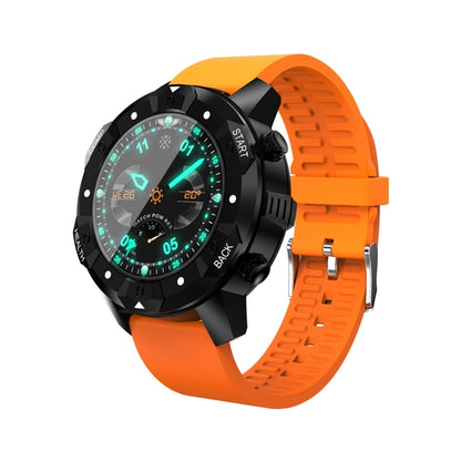 Orange silicone smartwatch with black rugged case, round OLED display, side buttons