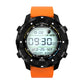 Orange silicone strap smartwatch showing digital time on round OLED screen