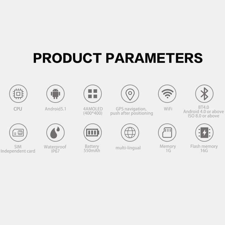 Bluetooth smart watch feature icons: SIM, IP67 waterproof, GPS navigation, heart rate