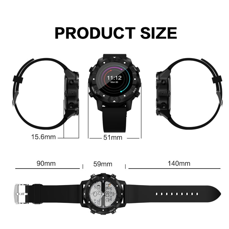 Black Bluetooth smart watch with black rubber strap, three-angle view