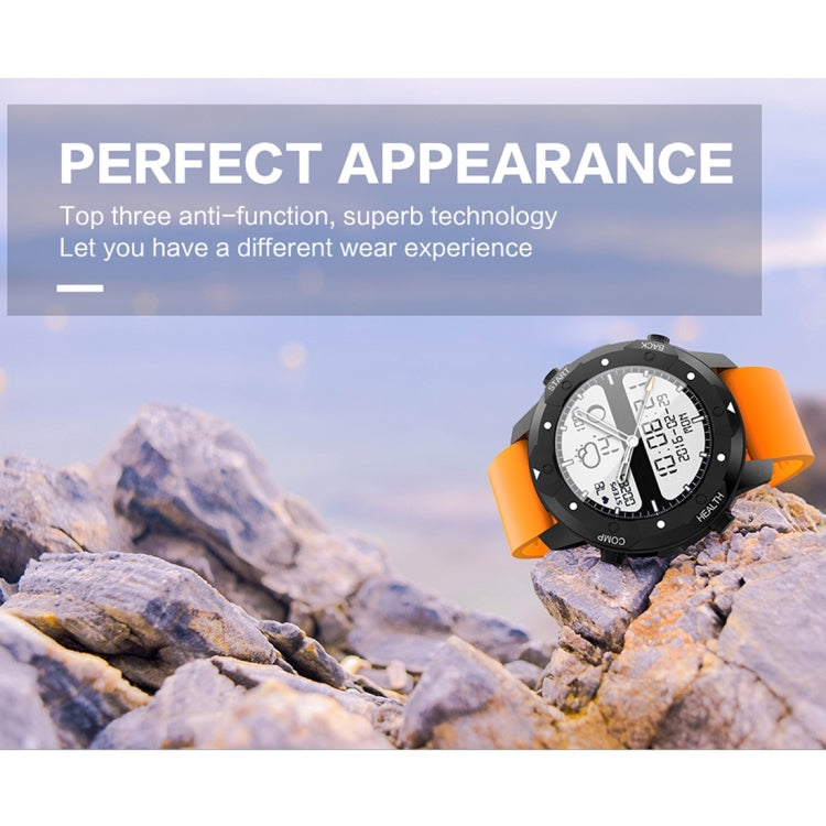 Orange silicone strap Bluetooth smart watch with black bezel and white digital display