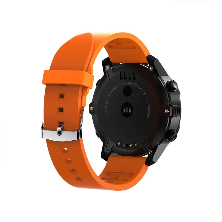 Orange silicone smartwatch back view with sensor panel and round clasp hardware