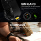 Black smartwatch with SIM card and compass theme displayed on promotional panel