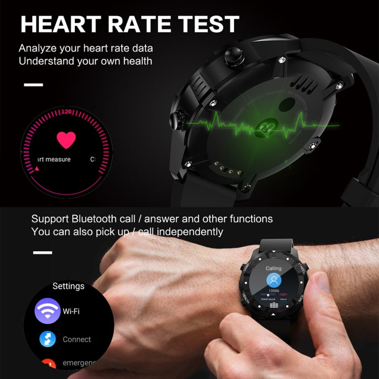 Black smartwatch with heart-rate style waveform graphic on round OLED face